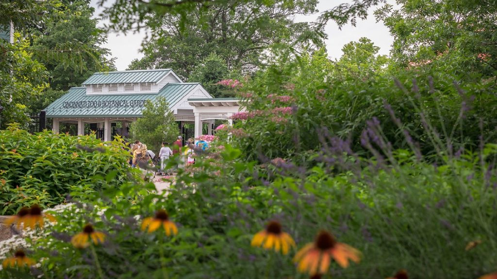 Cincinnati Zoo and Botanical Gardens entrance with flowers in the foreground.