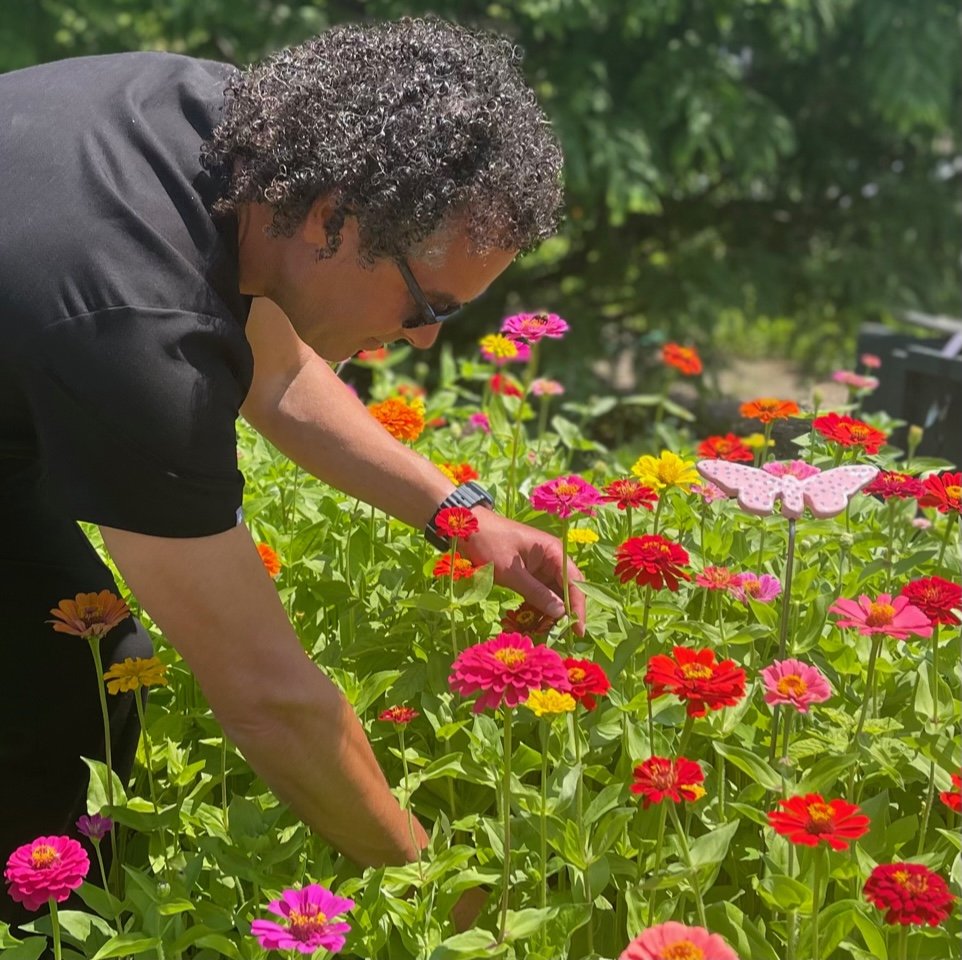 Dr. Jon Mendelsohn gets a closer look at the Zinnia’s in Happen Inc.’s Butterfly Garden.