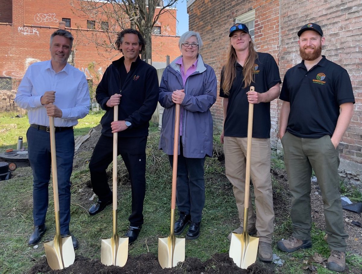 Left to right: Tommy Rueff, founder and director Happen, Inc.;
Dr. Jon Mendelsohn, executive director of The Mendelsohn Foundation for the Arts; Kristen Keane, volunteer, Engineers Without Borders; Phoenix Jackson and Zak Goebel, Morning Light Landscaping LLC.
