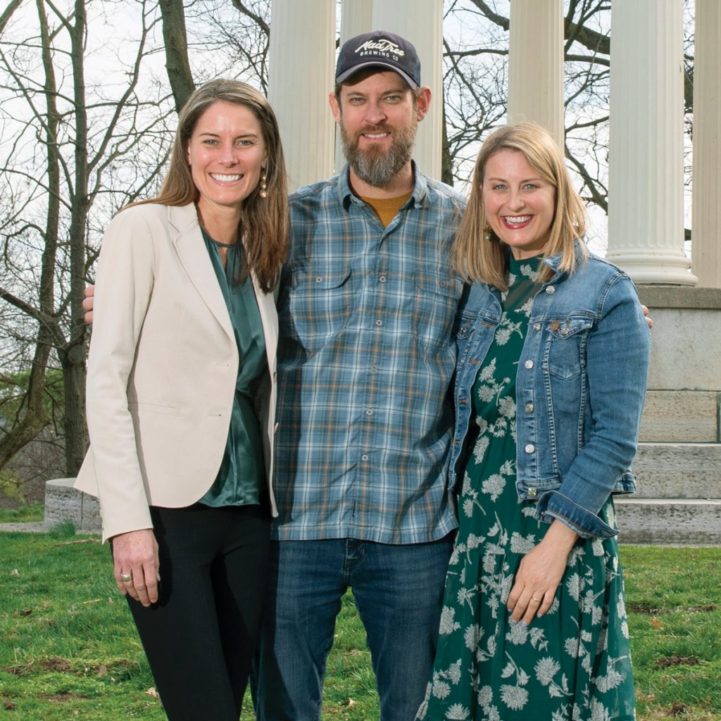At Mount Storm Park: Rhiannon Hoeweler and Brady Duncan of MadTree Brewing with Jennifer Hafner Spieser of Cincinnati Parks Foundation. Photo by Helen Adams.