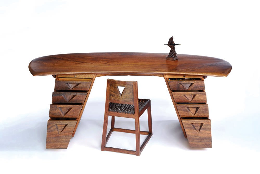 Wharton Esherick, walnut desk and chair (1929 and 1962), cast bronze figure (1929 Cocobolo original). All works from the Wharton Esherick Museum Collection. (Photo by Eoin O’Neill)
