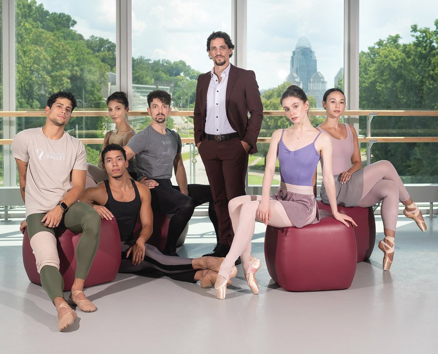 Cincinnati Ballet Artistic Director Cervilio Miguel Amador (standing) with Cincinnati Ballet dancers Rafael Quenedit, Llonnis del Toro Cintra, Raquele Pizzillo, Simon Plant, Nikita Boris and Bella Ureta. Photo by Hiromi Platt Photography